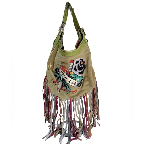 Y2K Ed Hardy LOVE Green Leather Suede Fringe Shoulder‎ Handbag with Crystal Rose - Picture 1 of 15